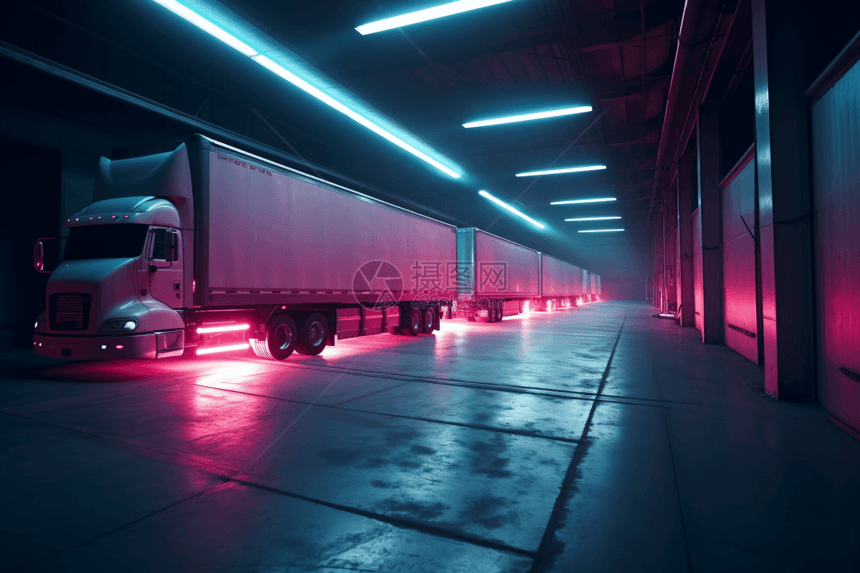 晚上仓库里的大卡车亮着霓虹灯图片