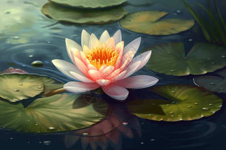 水生睡莲花被水生植物包围的莲花插画