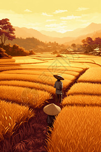 秋收大米黄昏时的稻田插画