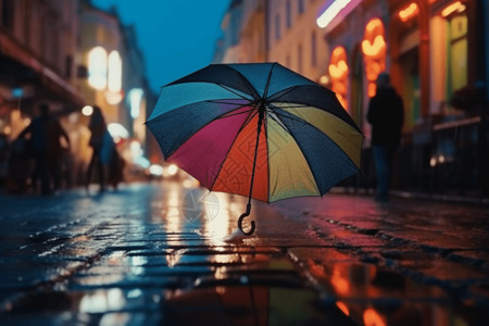 潮湿地面五颜六色的雨伞倒影背景