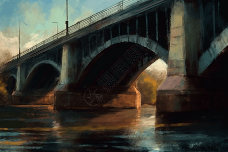 印象派的桥梁绘画: 宽镜头; 桥梁绘画项目视图; 印象派风格; 柔和的灯光，背景图片
