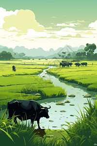 农田里的水牛高清图片