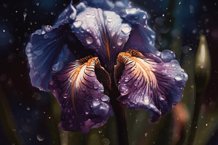 油画花园紫色的带水滴的花朵背景