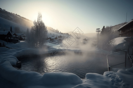 雪中的温泉温泉滑雪高清图片