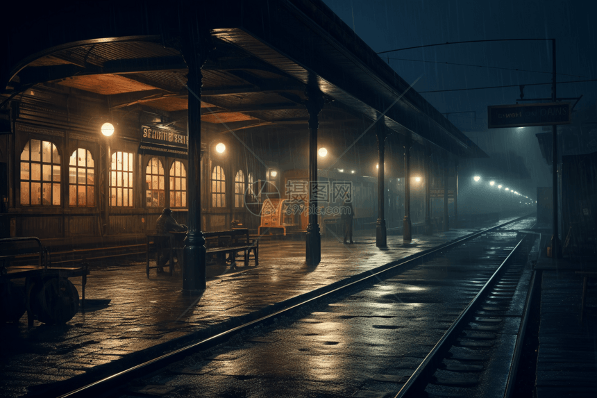 夜晚的复古火车站图片