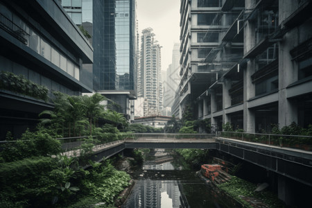 城市建筑下的绿植图片