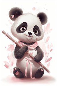 可爱的熊猫拿着一根竹子图片