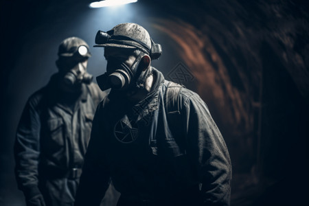 煤矿工人戴着防毒面具背景图片