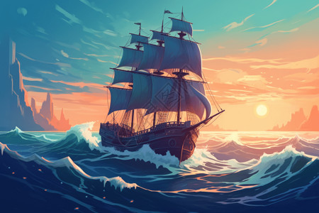 海上的海盗船波涛高清图片素材