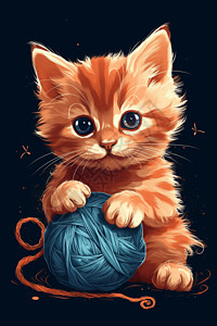 玩毛线球猫小猫玩线球插画