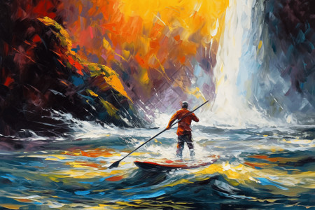 油画板划桨运动员在急流中航行插画