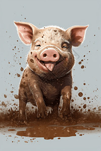 泥土飞溅泥坑里的小猪插画