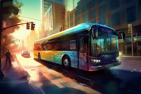 彩色电动大巴车行驶在街道上图片