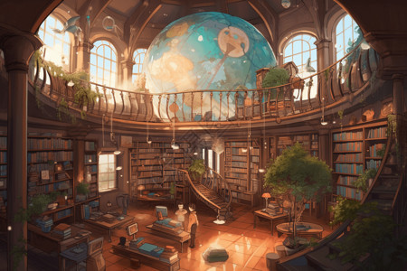 图书馆桌椅悬挂地球仪的图书馆插画
