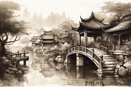 水墨的中国传统拱桥图片