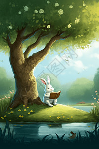 阴凉树下看书的兔子插画