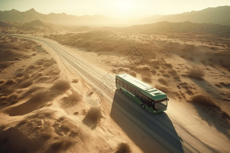 沙漠里行驶的电动巴士图片