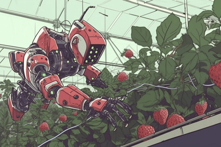 温室草莓机器人在温室中收获插画