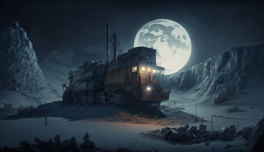 圆月下的火车图片