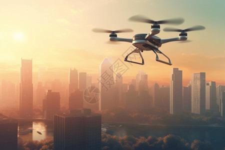 无人机飞行在城市上空背景图片