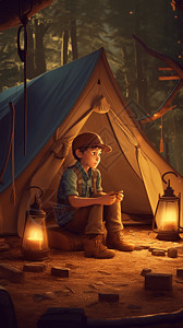 男孩在树林里露营图片