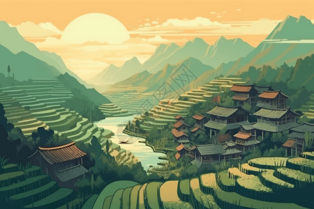 一个田园诗般的山村背景图片