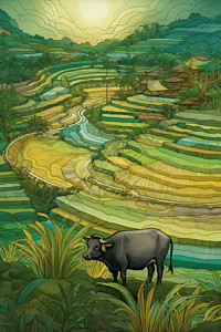 绿色稻田中的水牛图片