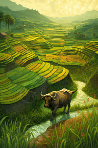 稻田中放牧的水牛图片