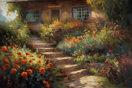 小屋花园的美丽油画图片