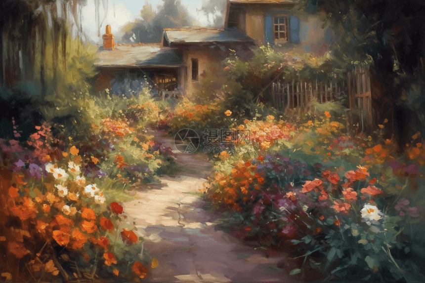 小屋花园油画图片