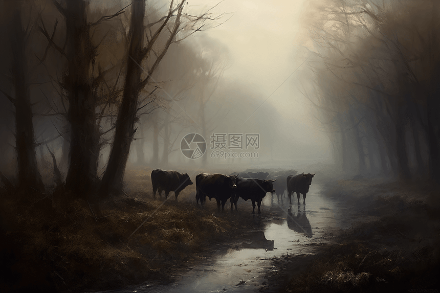 朦胧森林中的牛图片