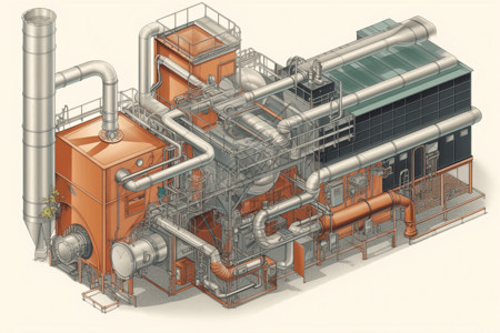 转化运行中的生物质锅炉系统插画