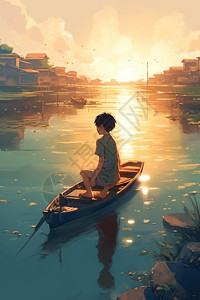 湖上划船的男孩图片