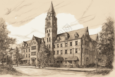 黑白素描教学楼背景图片