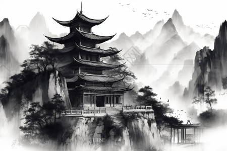 群山的中国寺庙图片