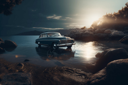 海湾日落停靠在水里的汽车插画
