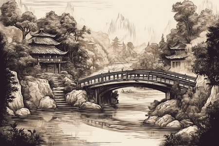 水墨风格的宁静中国风景，在宁静的河上有一座美丽的桥图片