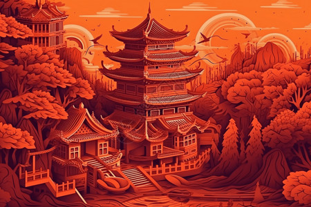 少林寺剪纸风格背景图片