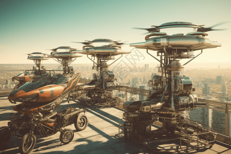 未来派城市飞机渲染图背景图片