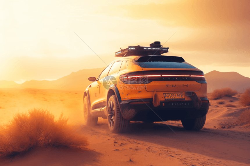 自动驾驶汽车在沙漠3D渲染图图片
