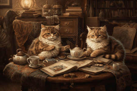 两只喝茶的猫插画背景图片