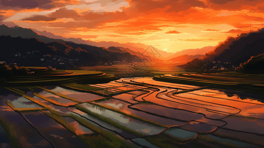 日落时的稻田图片