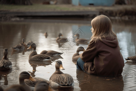 小女孩看湖里的鸭子图片