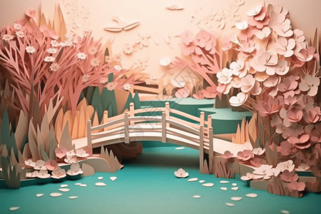 粉色树下的木桥背景图片