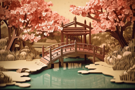 樱花树下的木桥背景图片