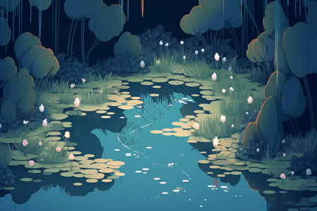 百合花垫包围的池塘背景图片
