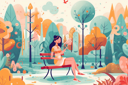 女人在公园坐着插图背景图片