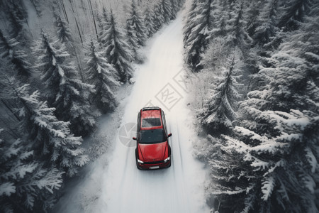 雪中飞驰的车红色SUV在森林中飞驰而过背景