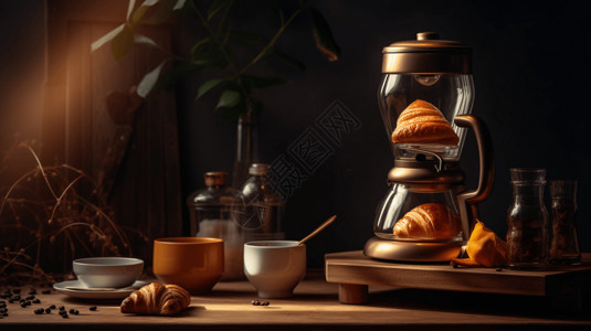 面包与咖啡豆咖啡机的3D渲染图设计图片