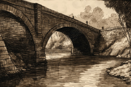石拱桥特写素描插画图片